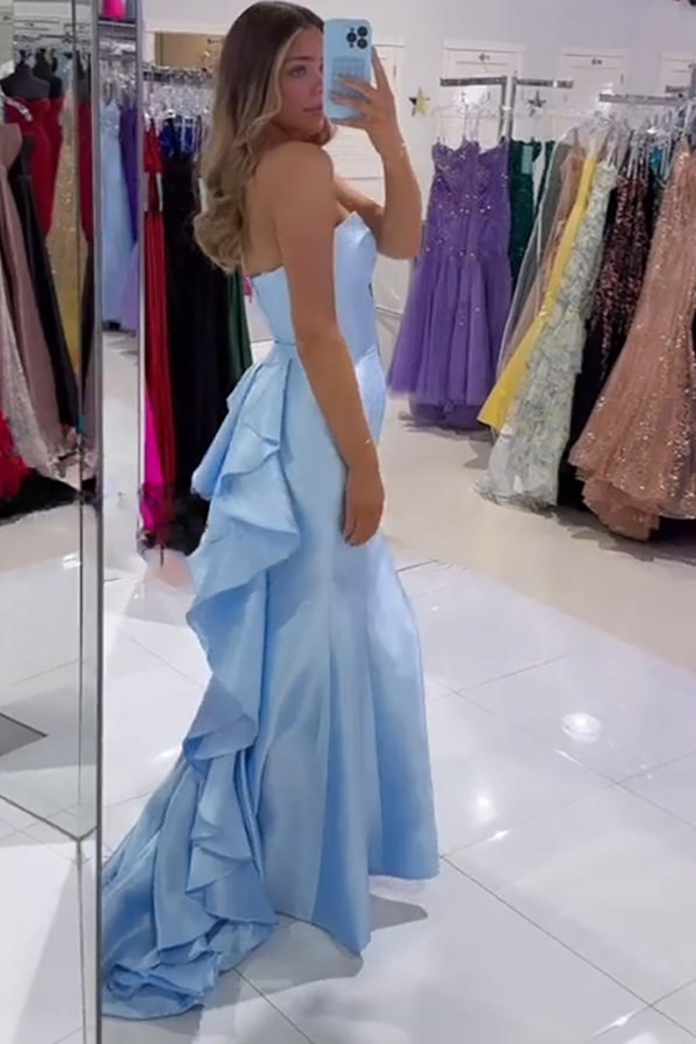 Blue Satin Mermaid Strapless Long Prom Dress with Ruffles