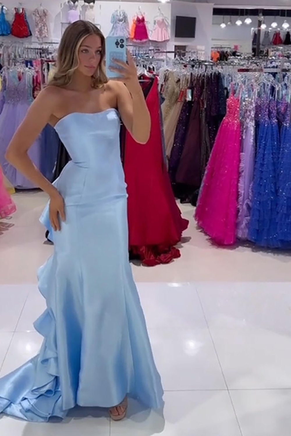 Blue Satin Mermaid Strapless Long Prom Dress with Ruffles
