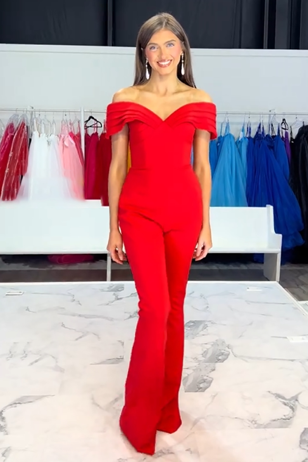 Red Off the Shoulder Long Prom Jumpsuits