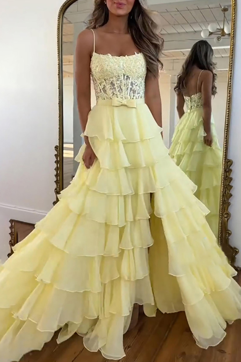 Blue A Line Corset Tiered Ruffled Spaghetti Straps Lace Long Prom Dress with Slit