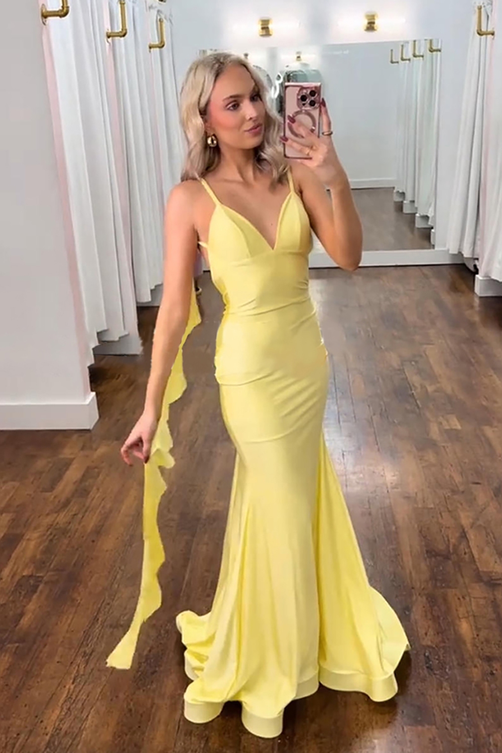 Yellow Mermaid Spaghetti Straps Long Prom Dress with Sash