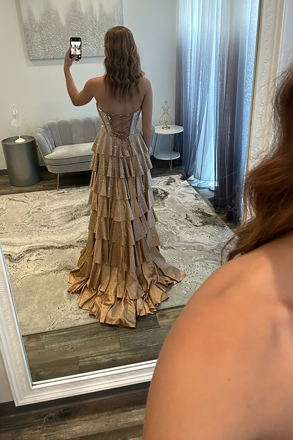 Sparkly Beaded Champagne Satin Corset Ruffled Long Prom Dress with Slit