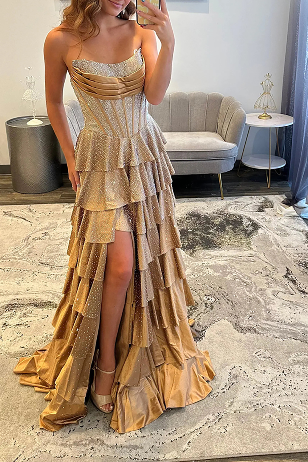 Sparkly Beaded Champagne Satin Corset Ruffled Long Prom Dress with Slit