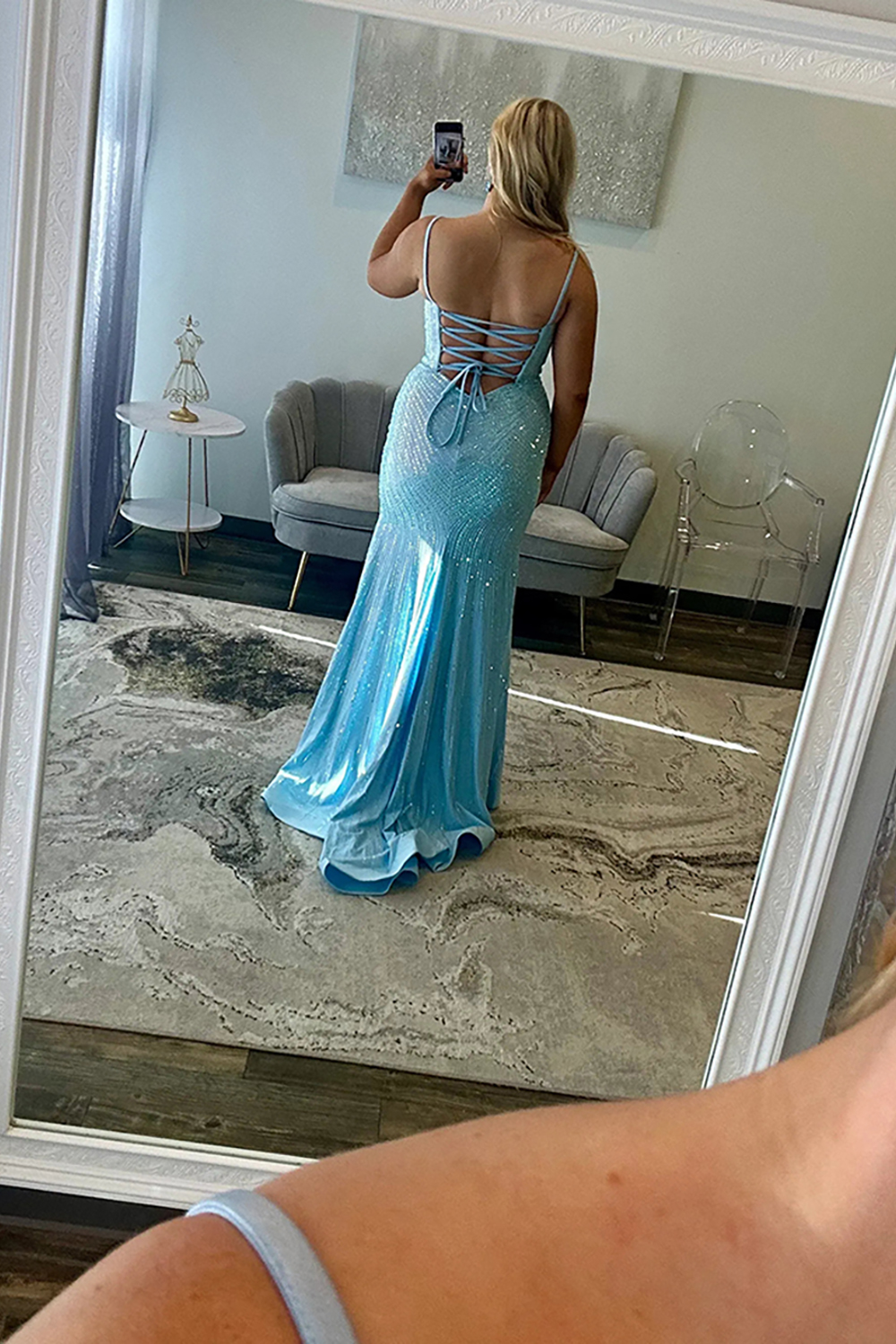 Sparkly Mermaid Light Blue Corset Beaded Satin Long Prom Dress with Slit