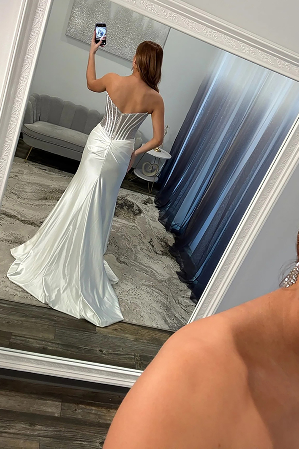 Sparkly Gold Satin Corset Mermaid Beaded Long Prom Dress with Slit