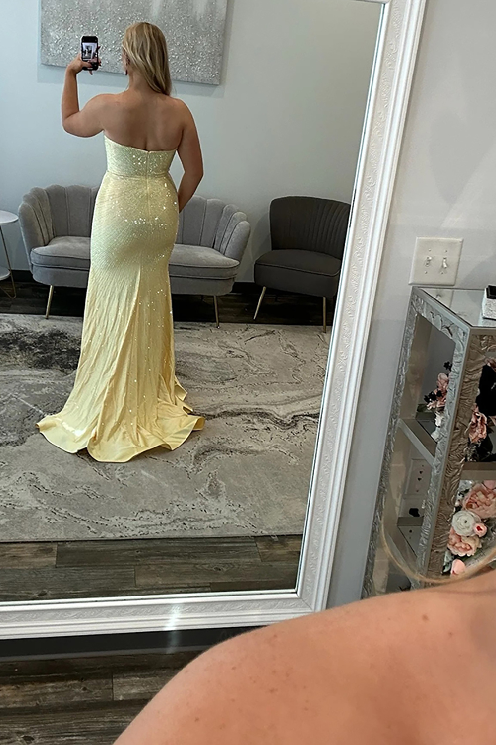 Sparkly Beaded Yellow Mermaid Satin Strapless Long Prom Dress