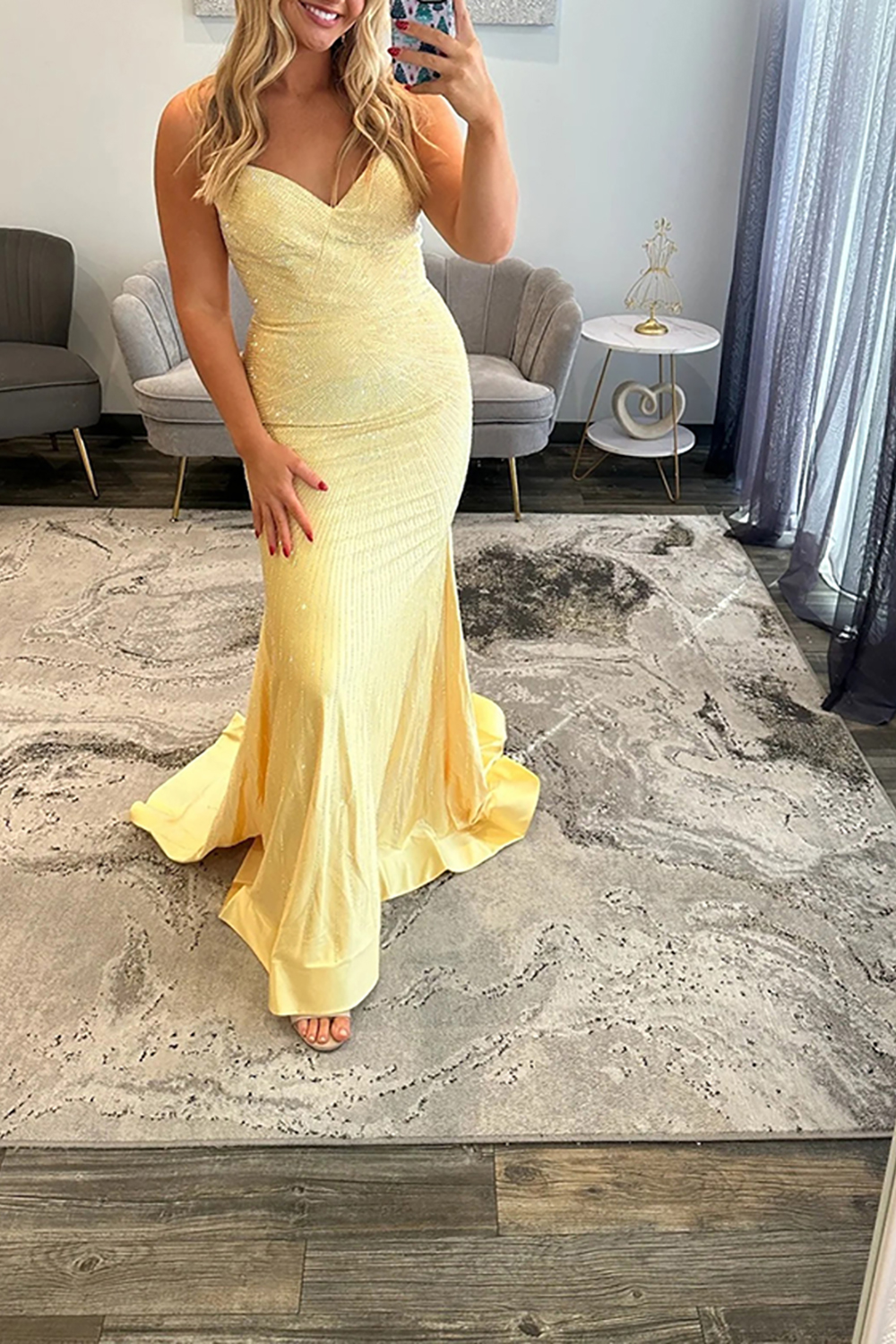 Sparkly Beaded Yellow Mermaid Satin Strapless Long Prom Dress