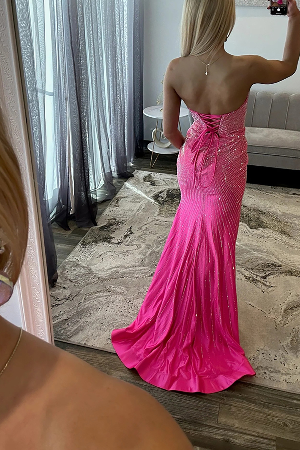 Sparkly Fuchsia Beaded Satin Mermaid Long Prom Dress with Slit