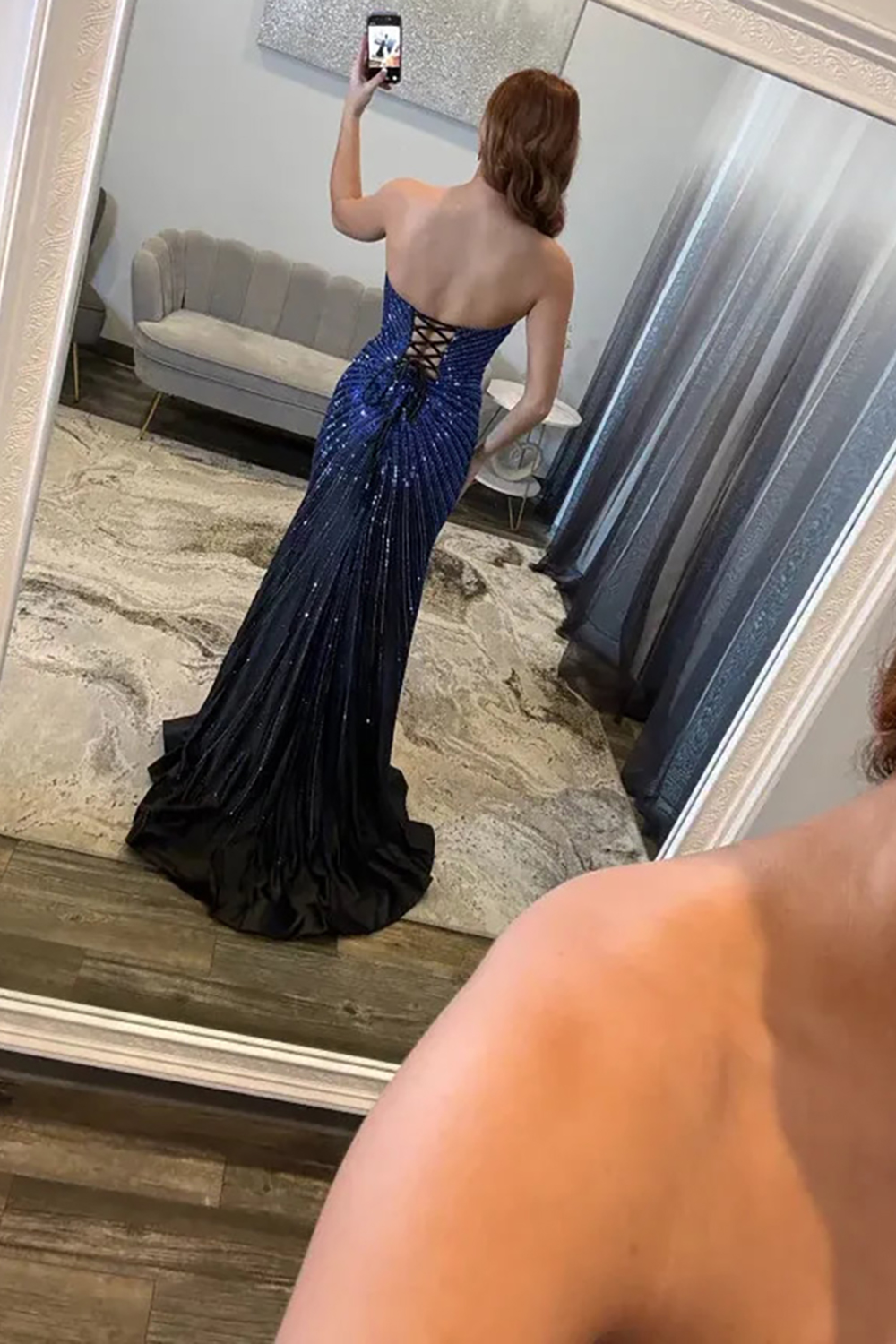 Sparkly Fuchsia Beaded Satin Mermaid Long Prom Dress with Slit