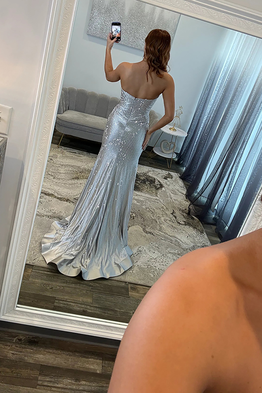 Sparkly Beaded Satin Silver Mermaid Strapless Long Prom Dress with Slit