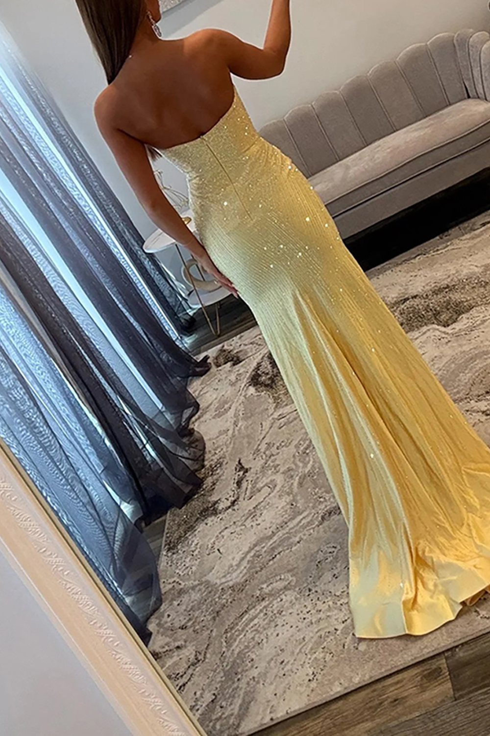 Sparkly Beaded Satin Silver Mermaid Strapless Long Prom Dress with Slit