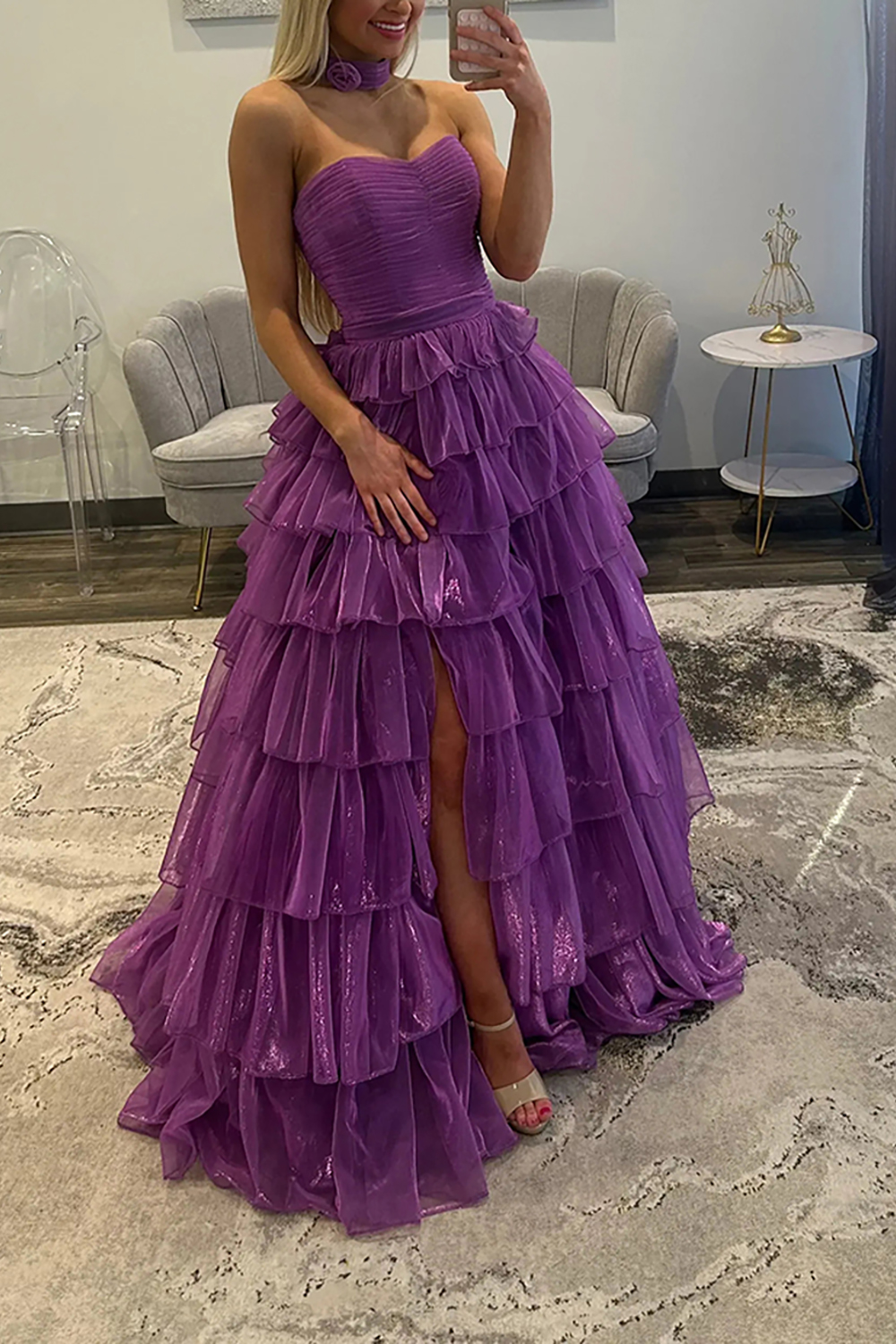 Glitter Purple Ball Gown Ruffled Pleated Long Prom Dress with Slit