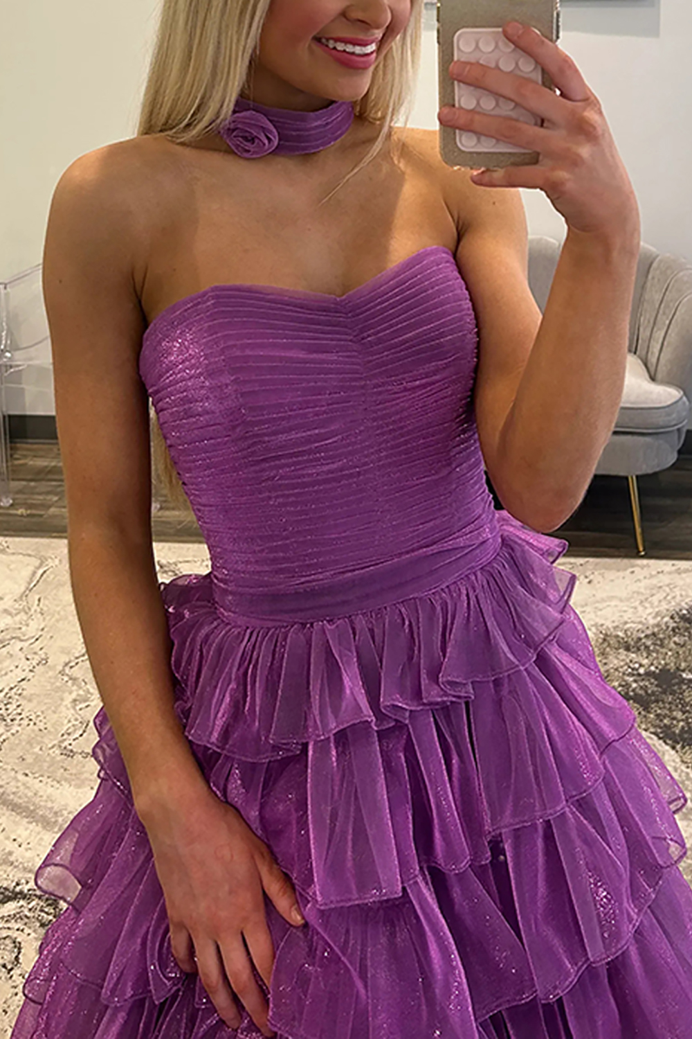Glitter Purple Ball Gown Ruffled Pleated Long Prom Dress with Slit