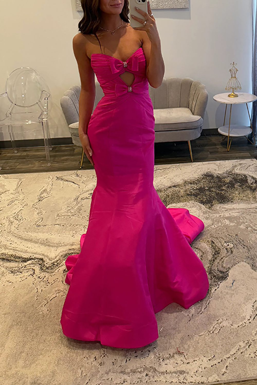 Sparkly Fuchsia Mermaid Satin Strapless Keyhole Long Prom Dress with Bows