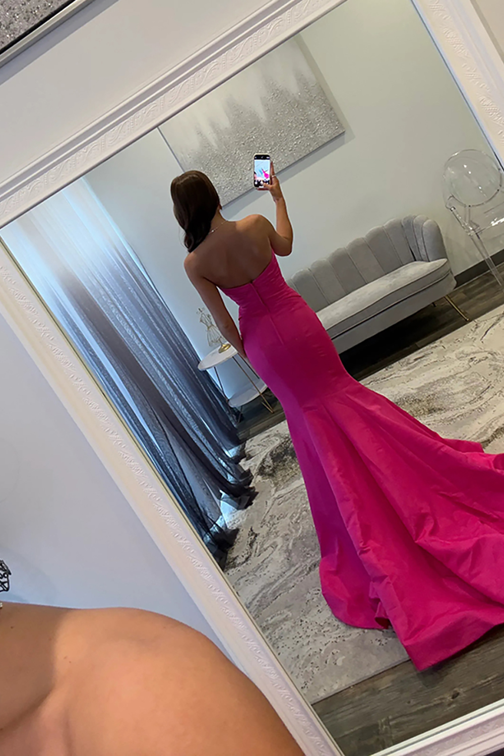 Sparkly Fuchsia Mermaid Satin Strapless Keyhole Long Prom Dress with Bows