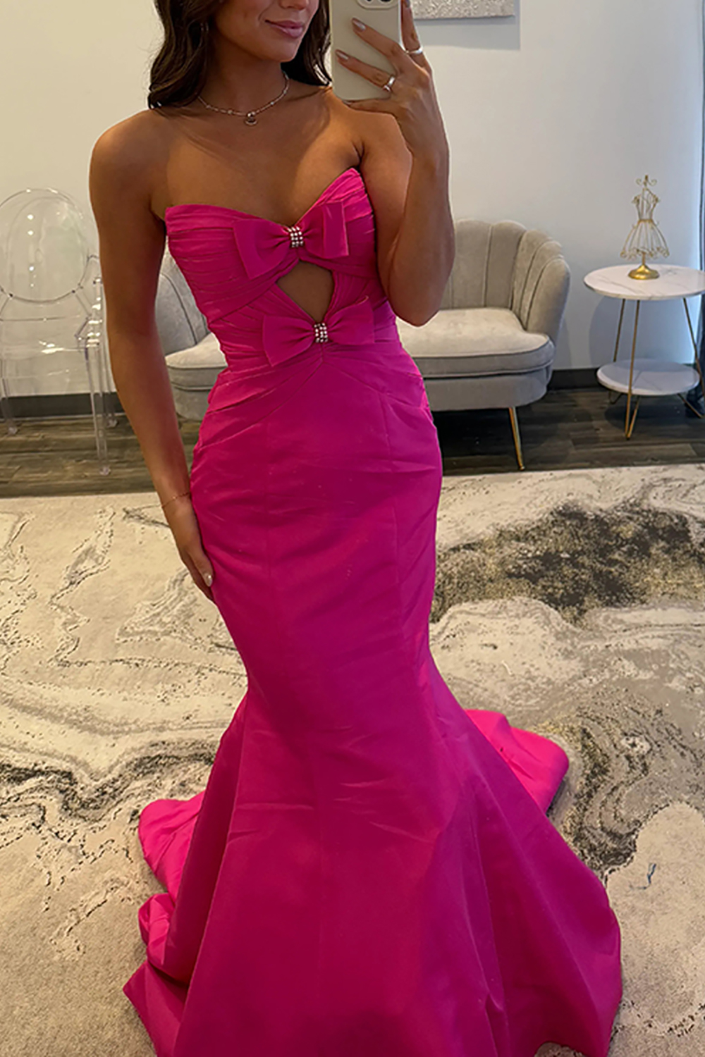 Sparkly Fuchsia Mermaid Satin Strapless Keyhole Long Prom Dress with Bows