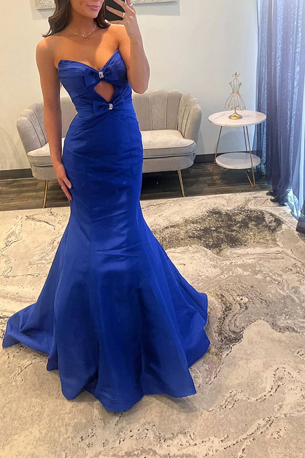 Sparkly Fuchsia Mermaid Satin Strapless Keyhole Long Prom Dress with Bows