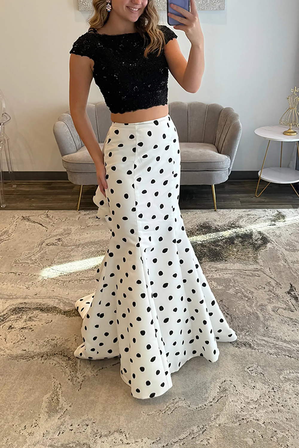 Sparkly Lace White Black Polka Dots 2 Piece Mermaid Long Prom Dress with Ruffles