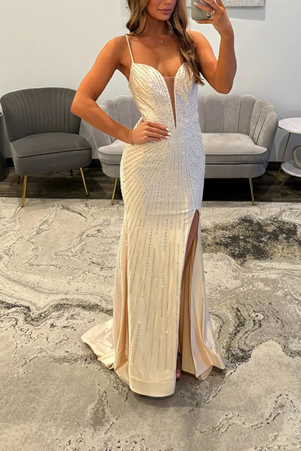 Sparkly Ivory Mermaid Beaded Satin Spaghetti Straps Long Prom Dress with Slit