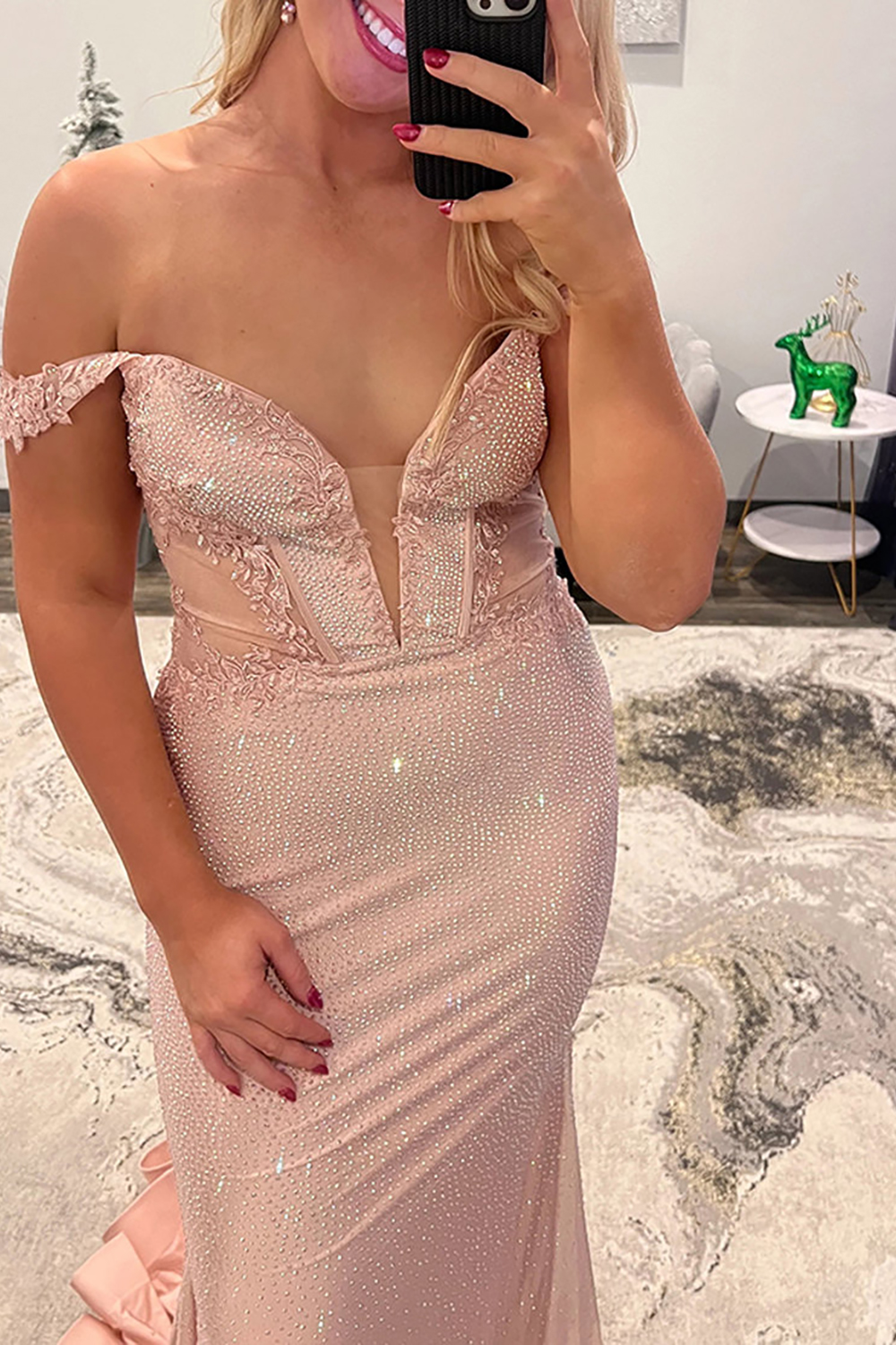 Sparkly Off the Shoulder Blush Mermaid Beaded Satin Long Prom Dress