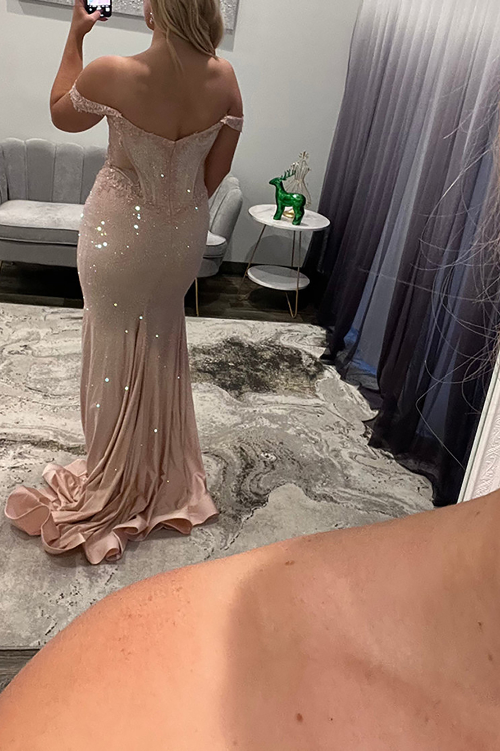 Sparkly Off the Shoulder Blush Mermaid Beaded Satin Long Prom Dress
