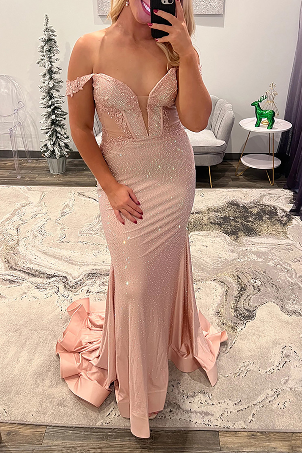 Sparkly Off the Shoulder Blush Mermaid Beaded Satin Long Prom Dress