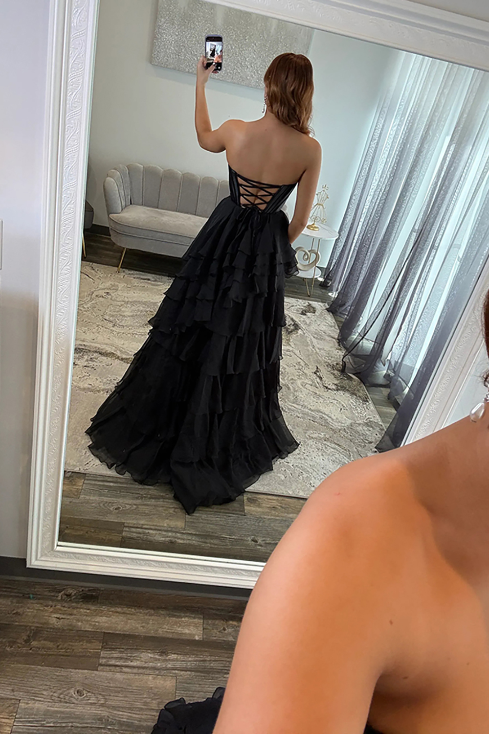 Black Sweetheart Corset Tiered Chiffon Long Prom Dress with Slit