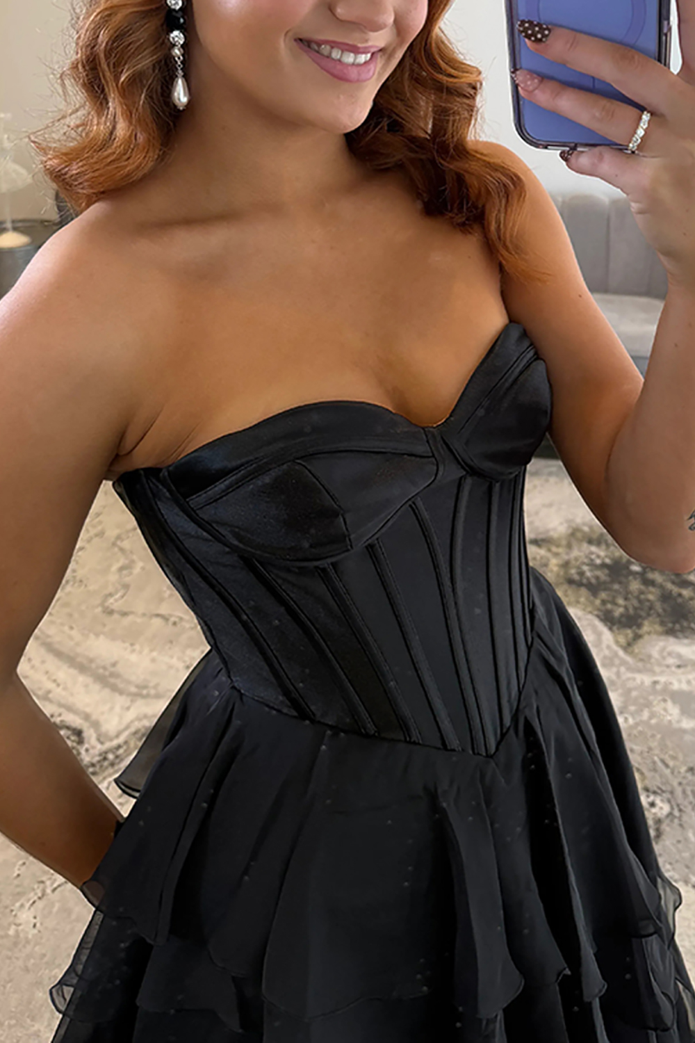 Black Sweetheart Corset Tiered Chiffon Long Prom Dress with Slit