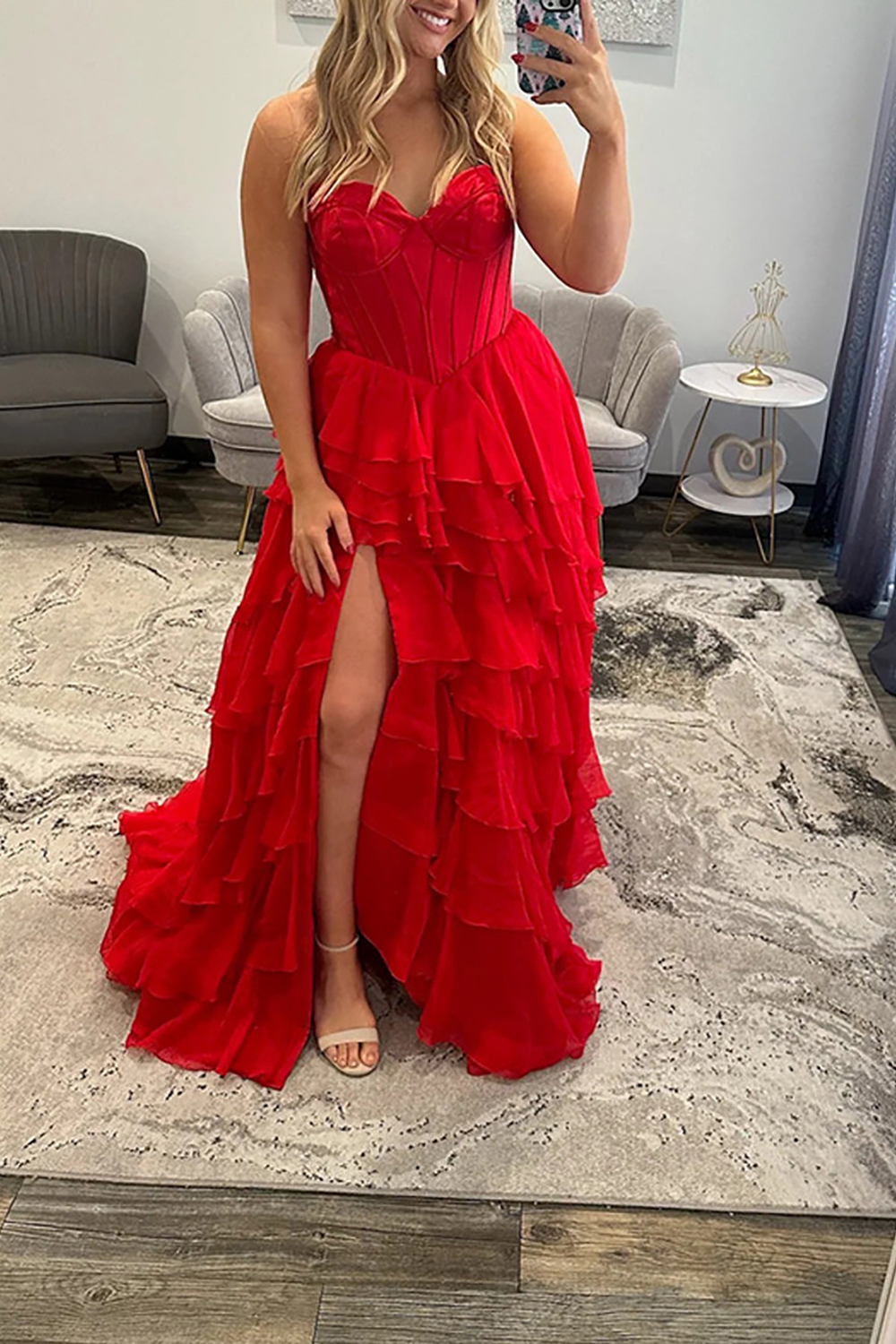 Black Sweetheart Corset Tiered Chiffon Long Prom Dress with Slit