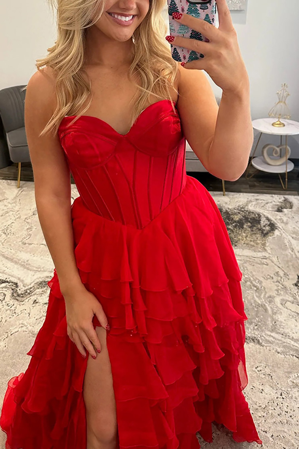 Black Sweetheart Corset Tiered Chiffon Long Prom Dress with Slit