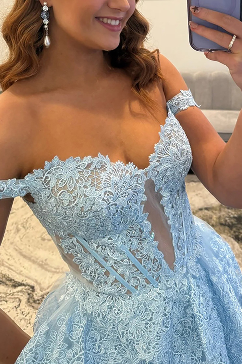Sparkly Light Blue Lace Ruffled Corset Off the Shoulder Long Prom Dress with Slit