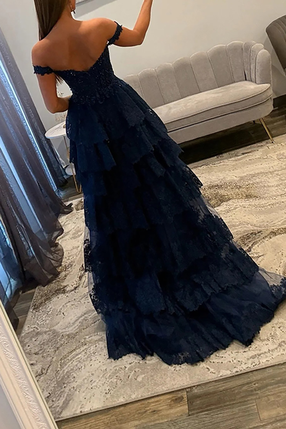 Sparkly Light Blue Lace Ruffled Corset Off the Shoulder Long Prom Dress with Slit