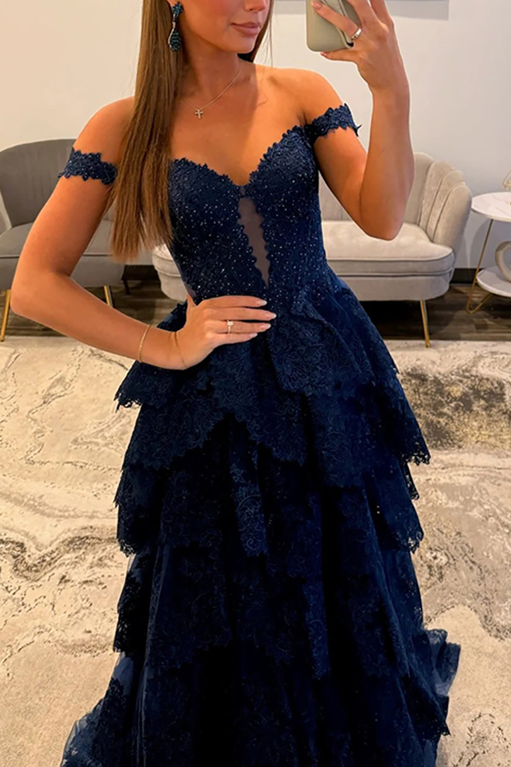 Sparkly Light Blue Lace Ruffled Corset Off the Shoulder Long Prom Dress with Slit