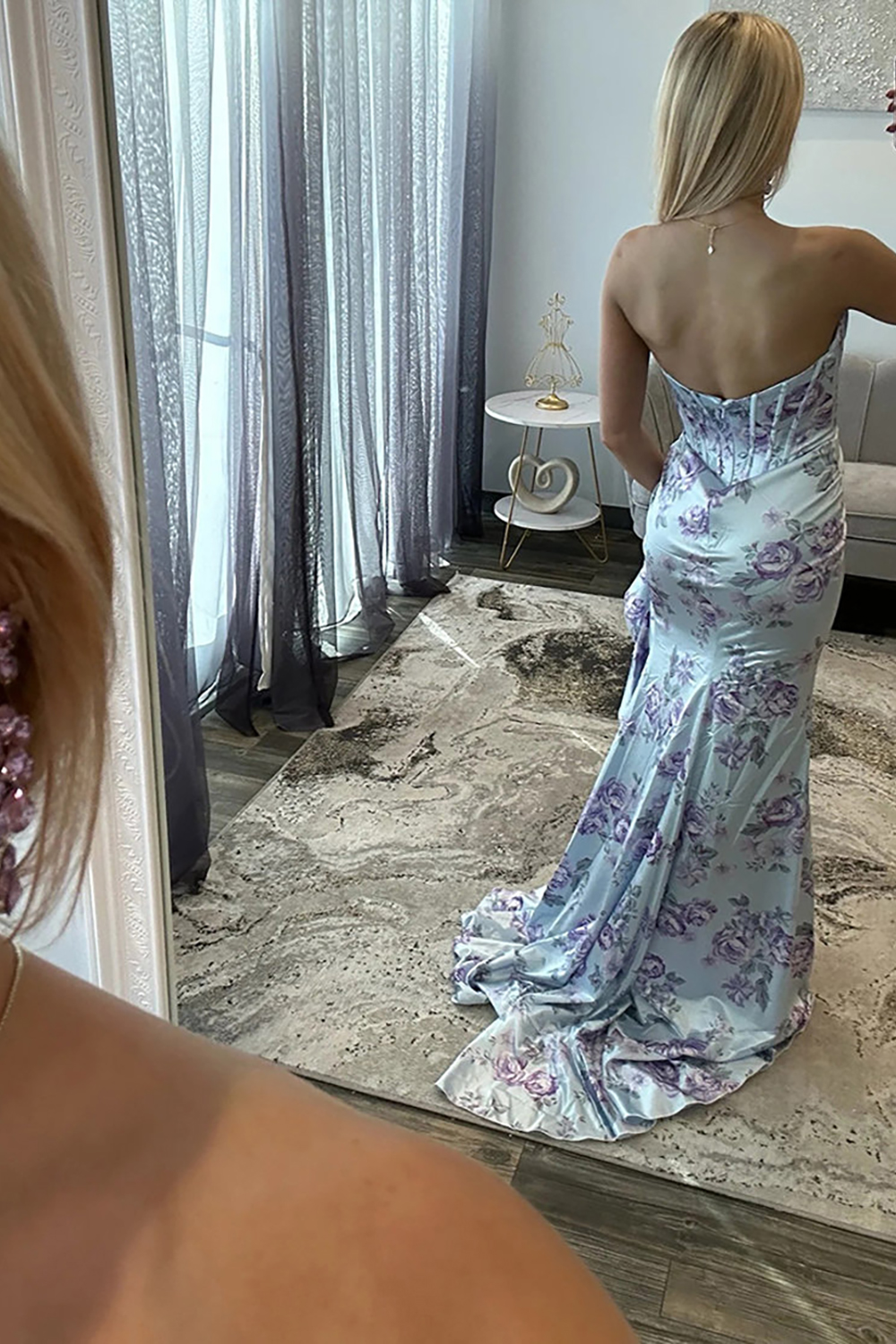 Blue Flower Satin Mermaid Printed Corset Ruffled Long Prom Dress with Slit