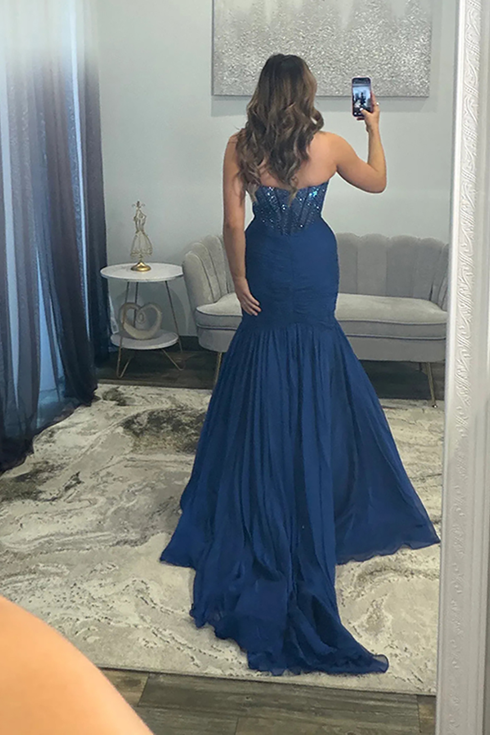 Sparkly Navy Corset Mermaid Sweetheart Beaded Long Prom Dress