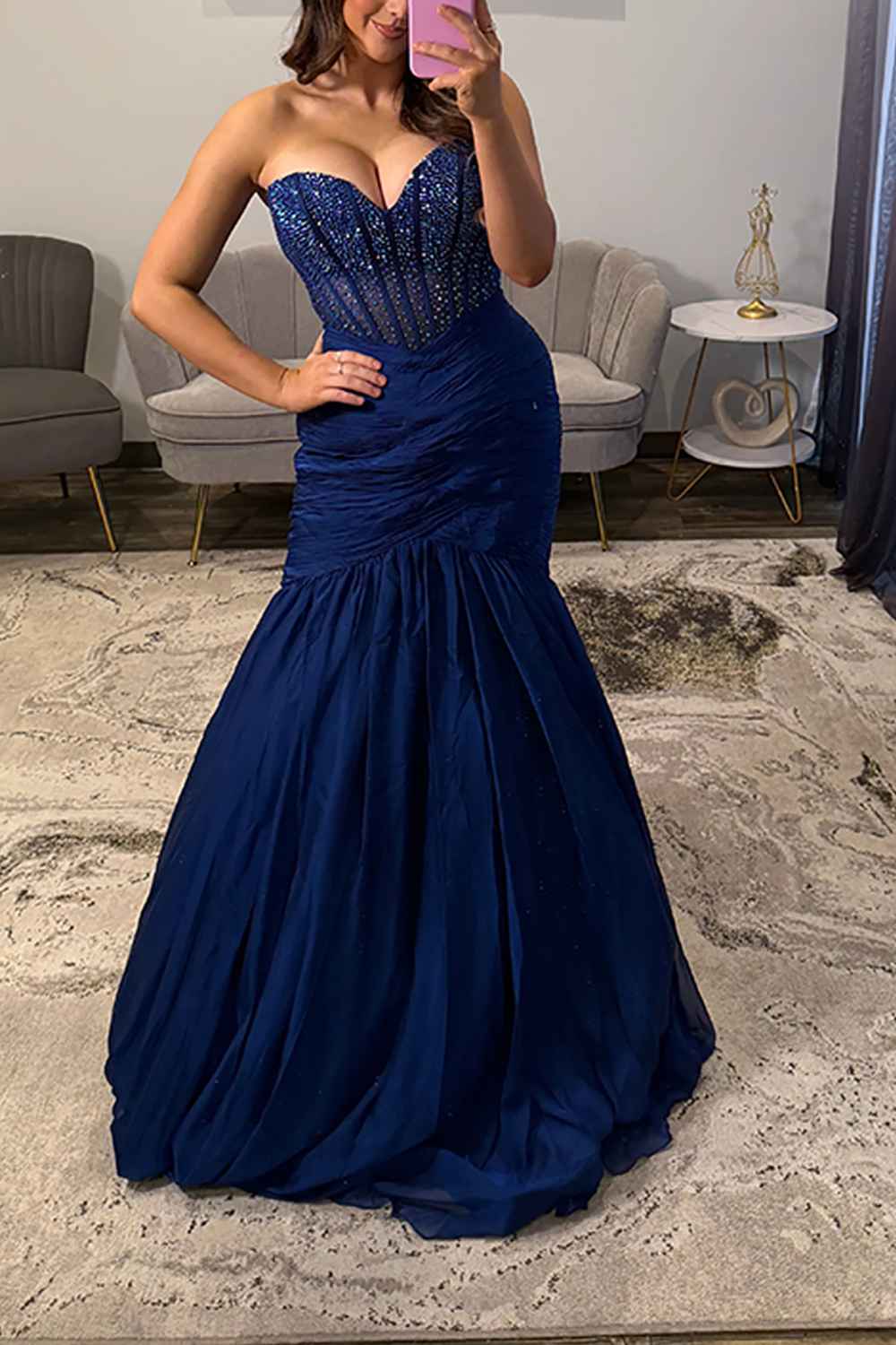 Sparkly Navy Corset Mermaid Sweetheart Beaded Long Prom Dress
