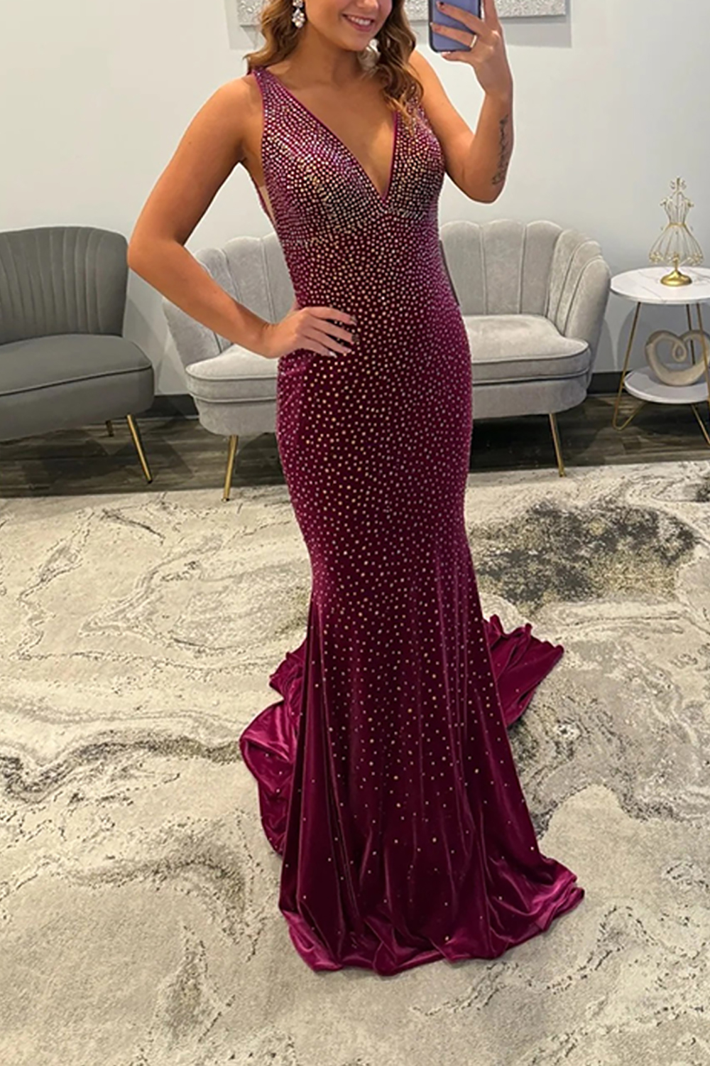Sparkly Plum Beaded Mermaid V-Neck Backless Long Prom Dress