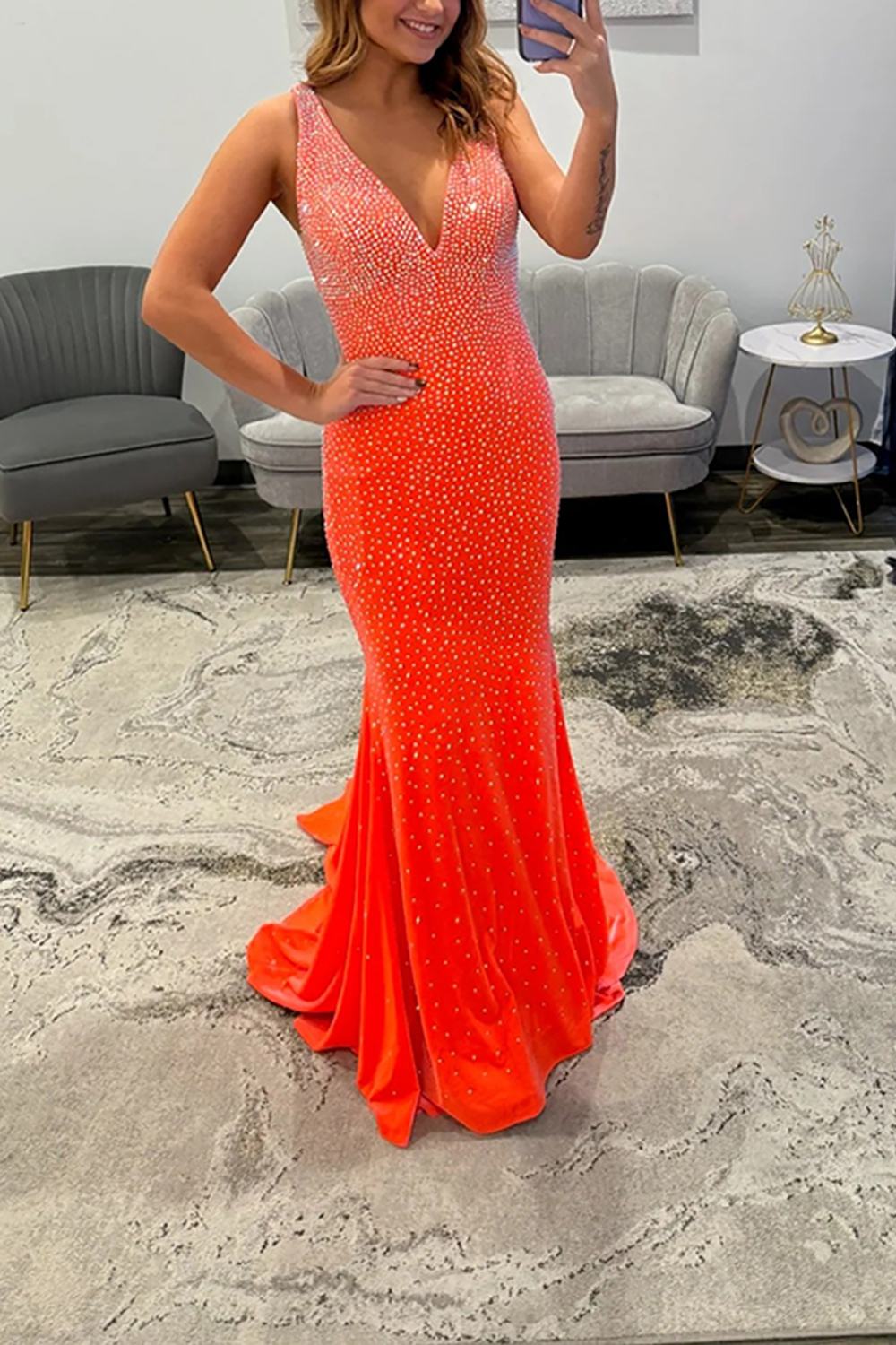 Sparkly Plum Beaded Mermaid V-Neck Backless Long Prom Dress