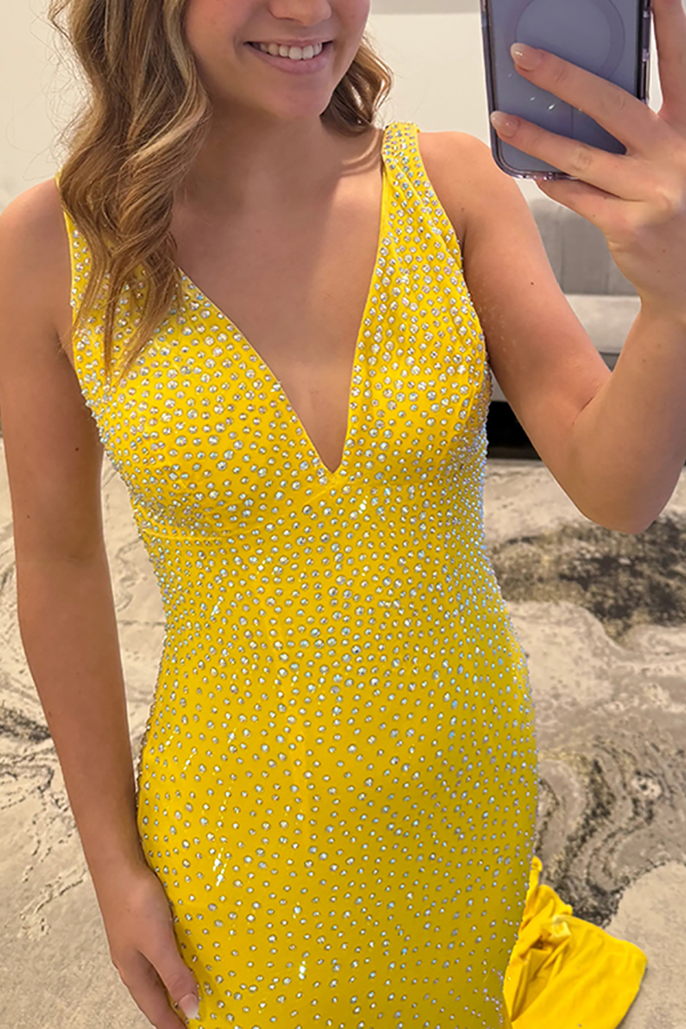 Sparkly Plum Beaded Mermaid V-Neck Backless Long Prom Dress