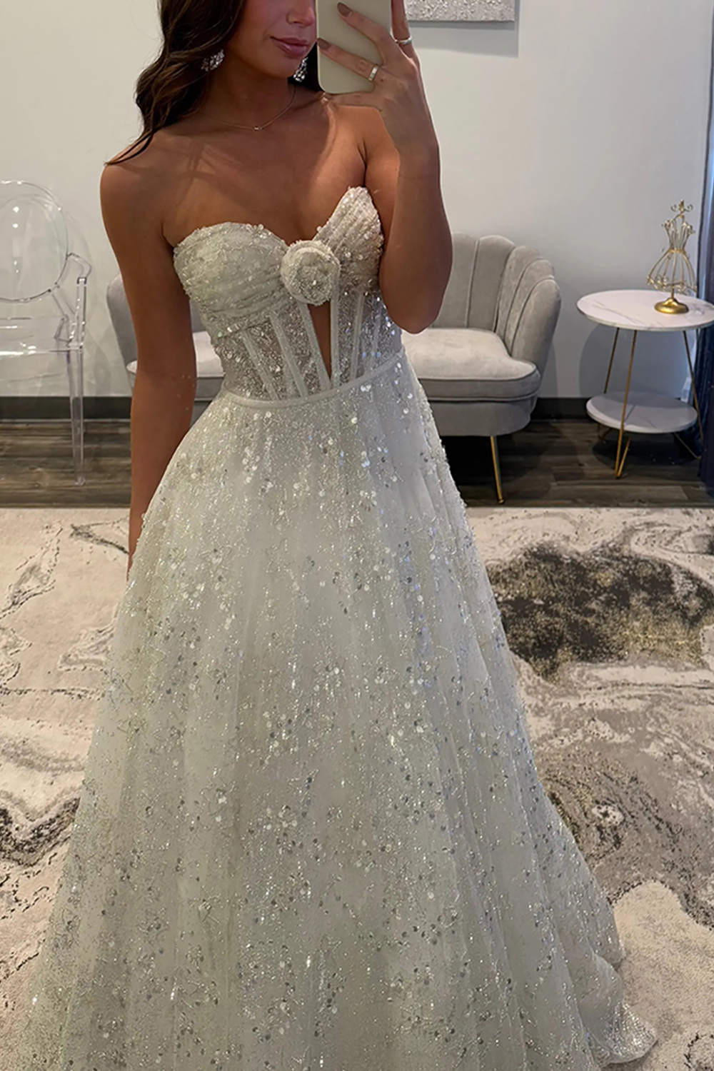 Sparkly White Sequins Sweetheart A Line Corset Long Prom Dress with 3D Flower