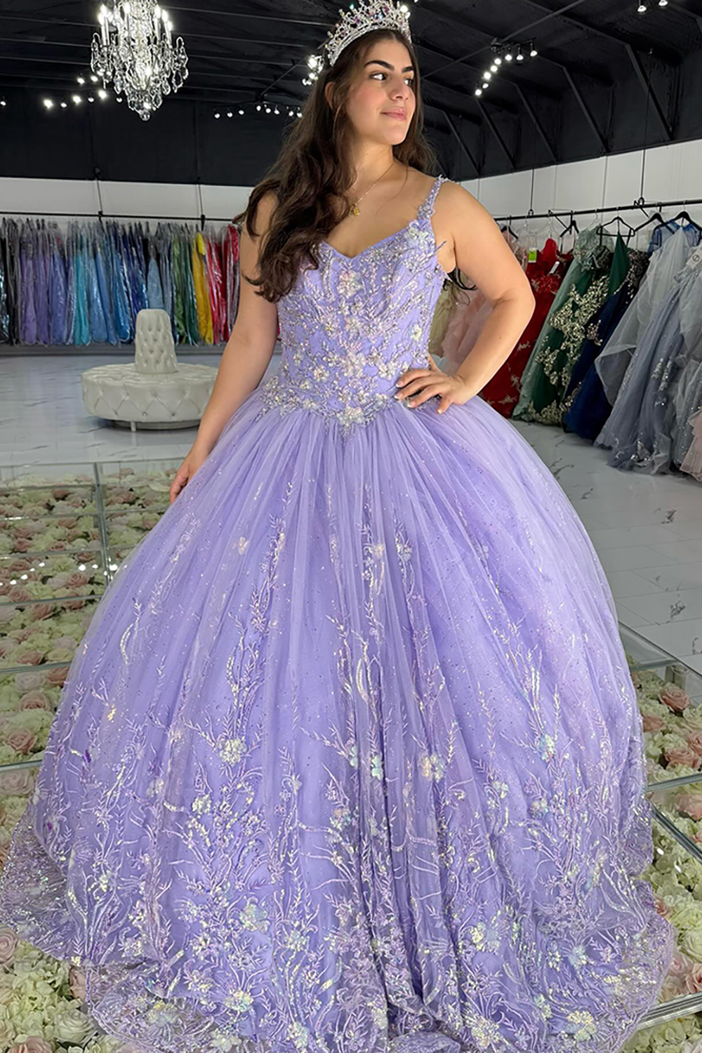 Sparkly Ball Gown Lilac Floral Spaghetti Straps Long Prom Dress