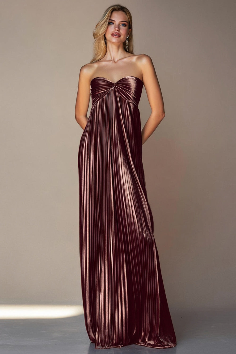 Metallic Coffee Sweetheart Pleated Long Formal Dress