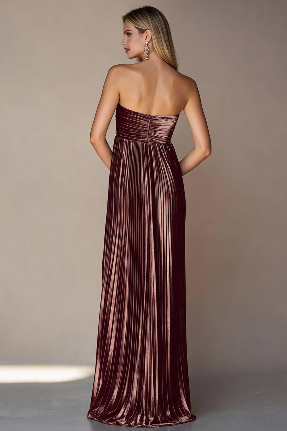 Metallic Coffee Sweetheart Pleated Long Formal Dress
