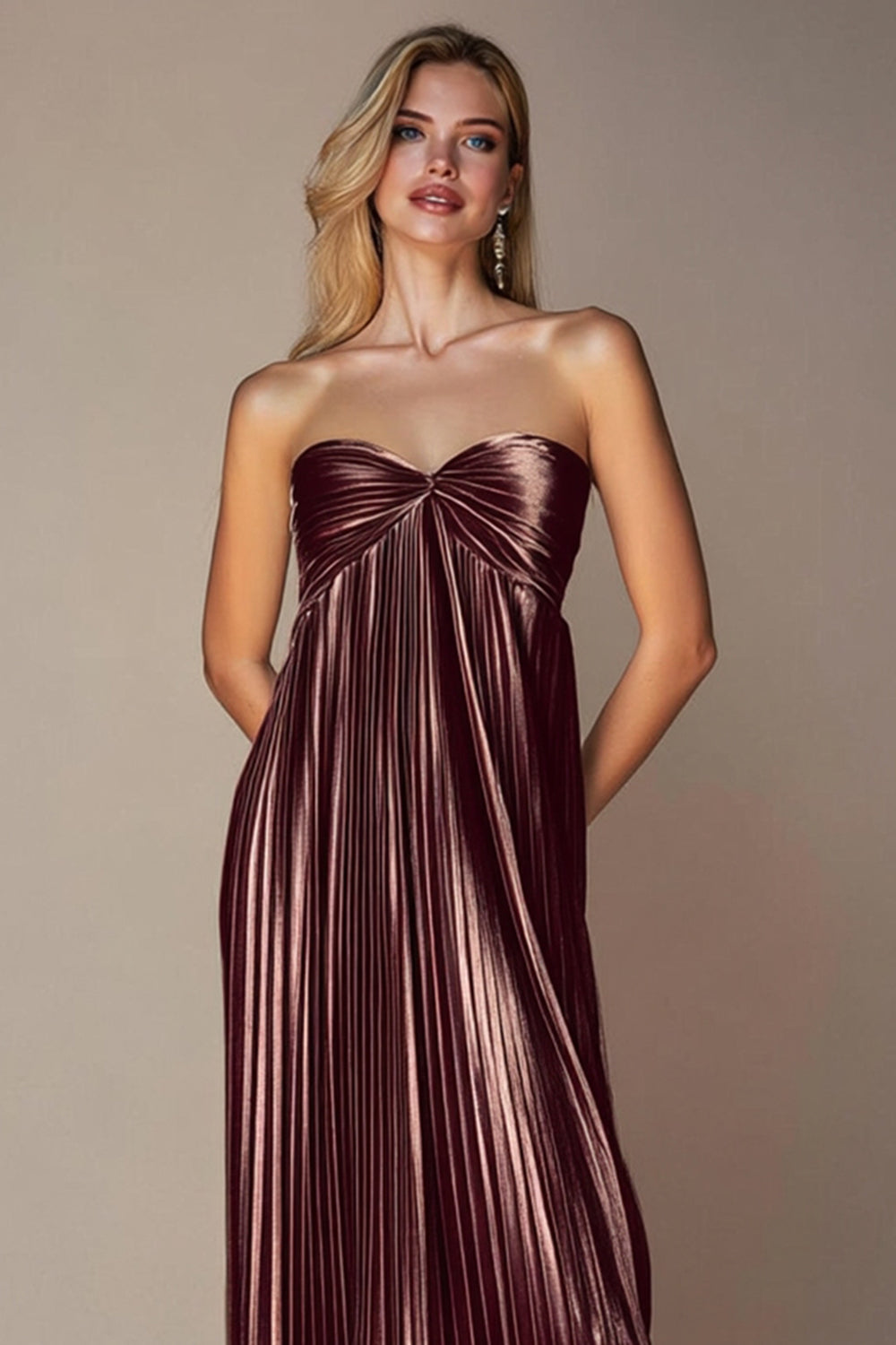 Metallic Coffee Sweetheart Pleated Long Formal Dress