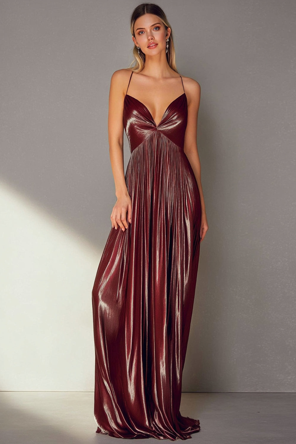 Metallic Coffee Pleated Spaghetti Straps Long Formal Dress