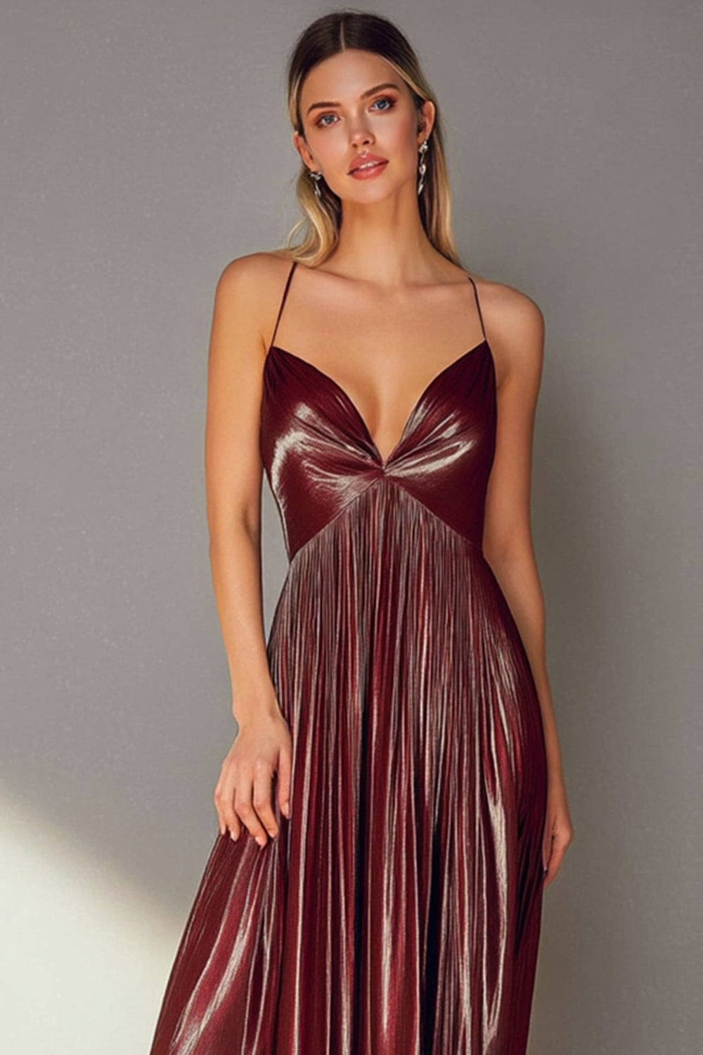 Metallic Coffee Pleated Spaghetti Straps Long Formal Dress