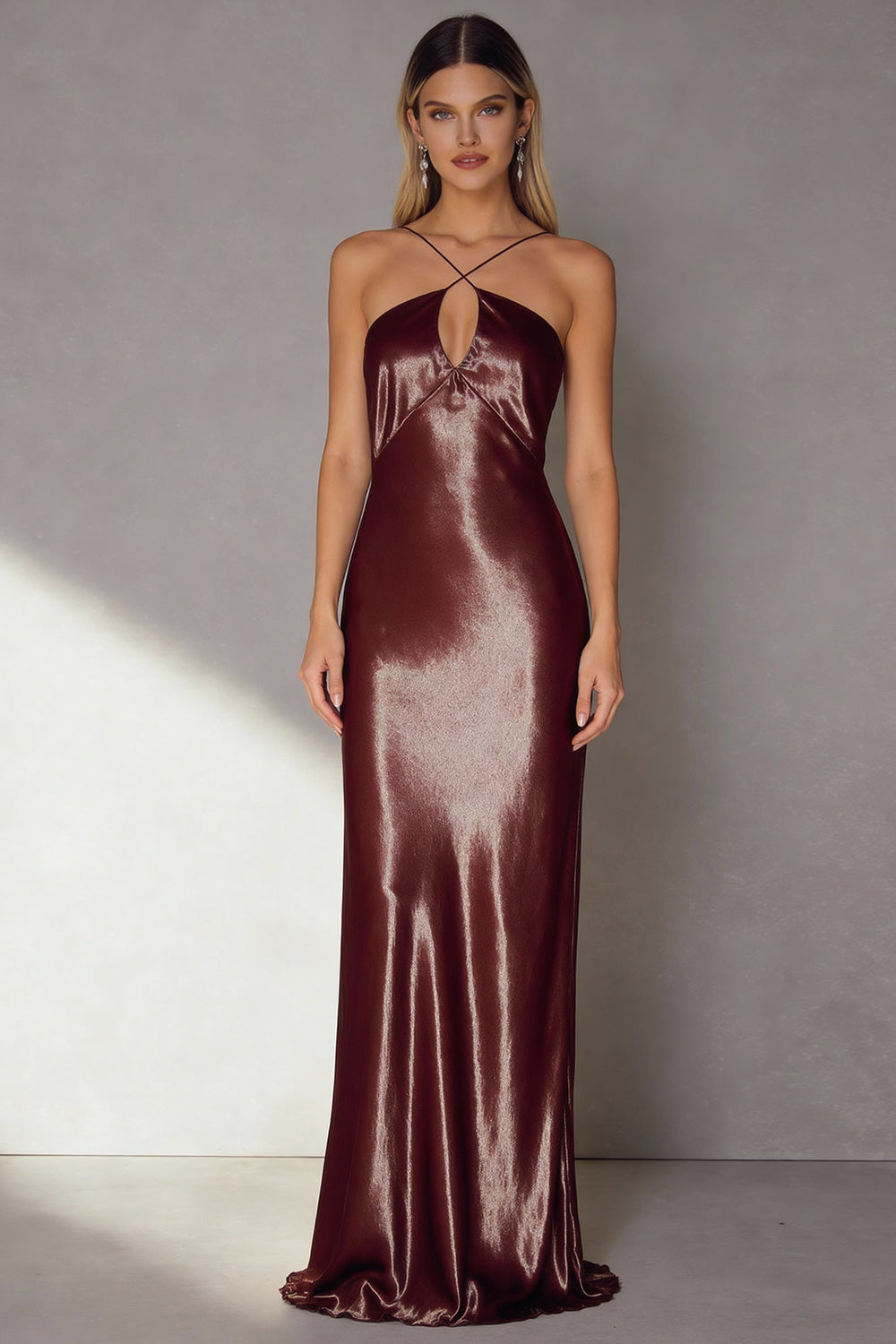 Coffee Satin Sheath Backless Long Formal Dress with Keyhole