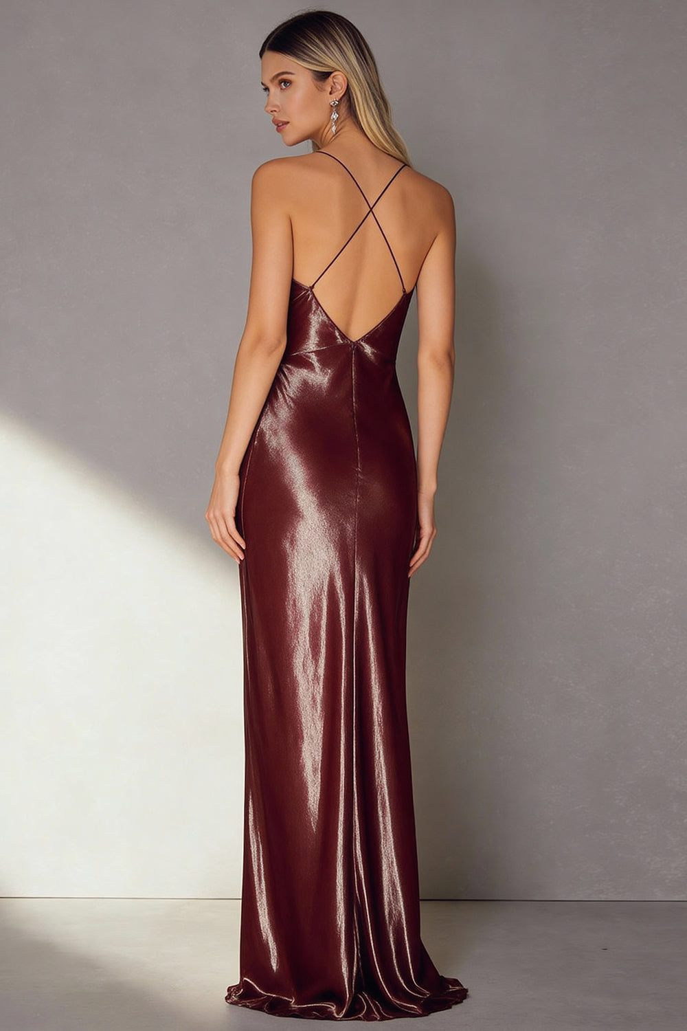 Coffee Satin Sheath Backless Long Formal Dress with Keyhole