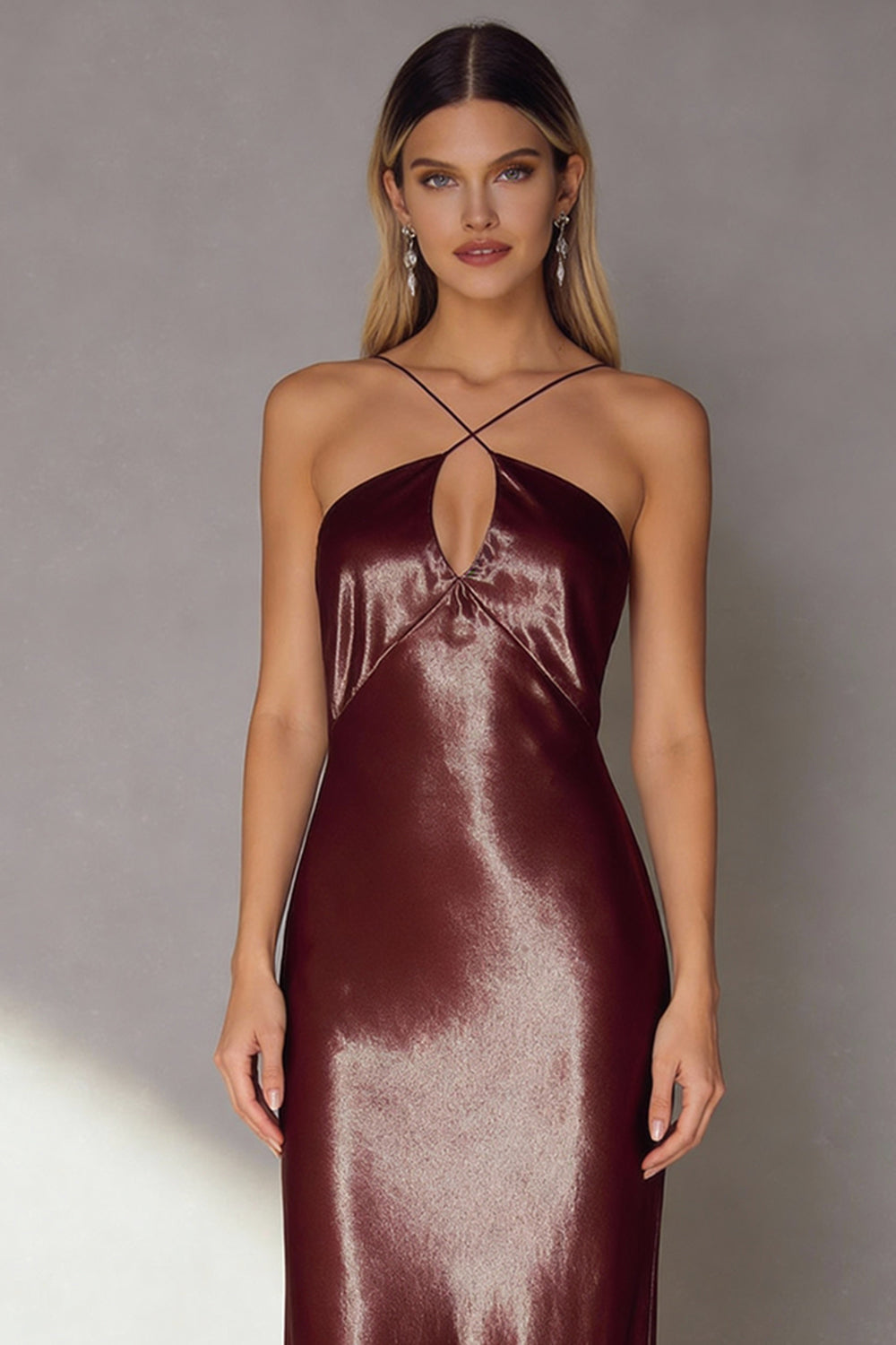Coffee Satin Sheath Backless Long Formal Dress with Keyhole