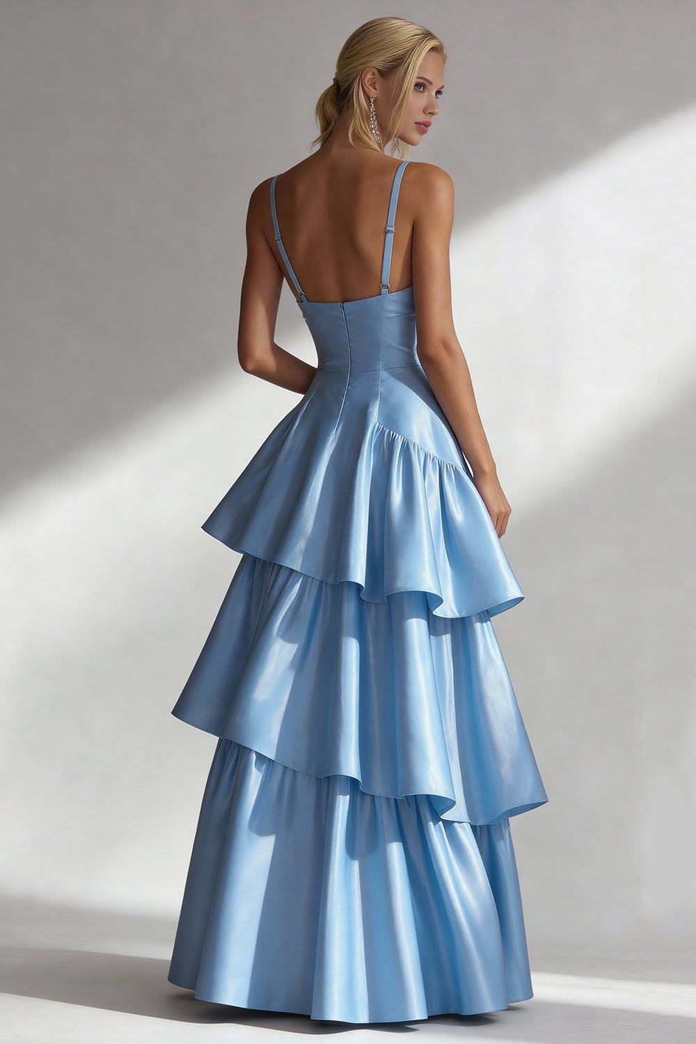 Light Blue A Line Satin Spaghetti Straps Long Tiered Formal Dress